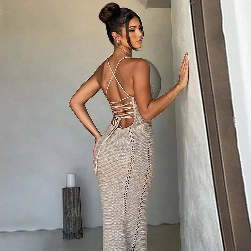 Women's Knitted Hollow Out Bandage Maxi Sleeveless Party Bodycon Dress