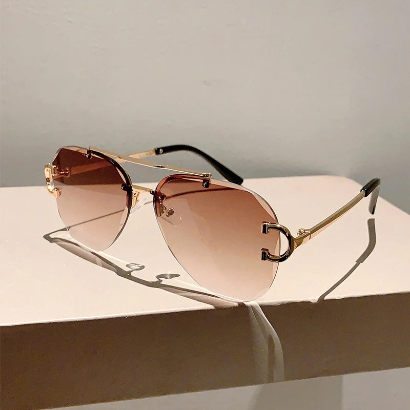 Unisex Vintage Rimless Classic Double Bridge Pilot Gradient Sunglasses