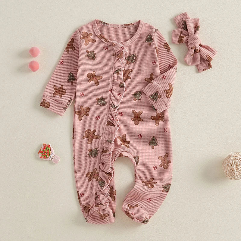 Baby Girls Boys Christmas Footies Jumpsuit Long Sleeve Gingerbread Print Ruffle Romper with Headband