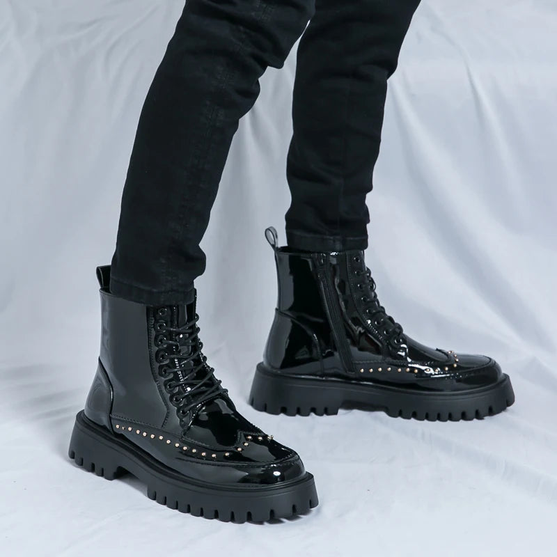Platform Leather Boots - Men's Motorcycle Style Thick Sole Dress Sneakers
