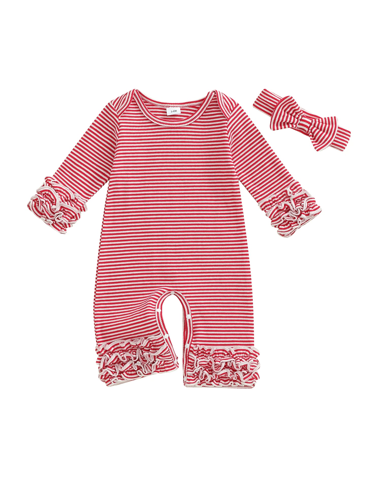 Baby Girls Striped Romper Outfit - Long Sleeve Full Length Jumpsuit with Bow Headband (0-18M)