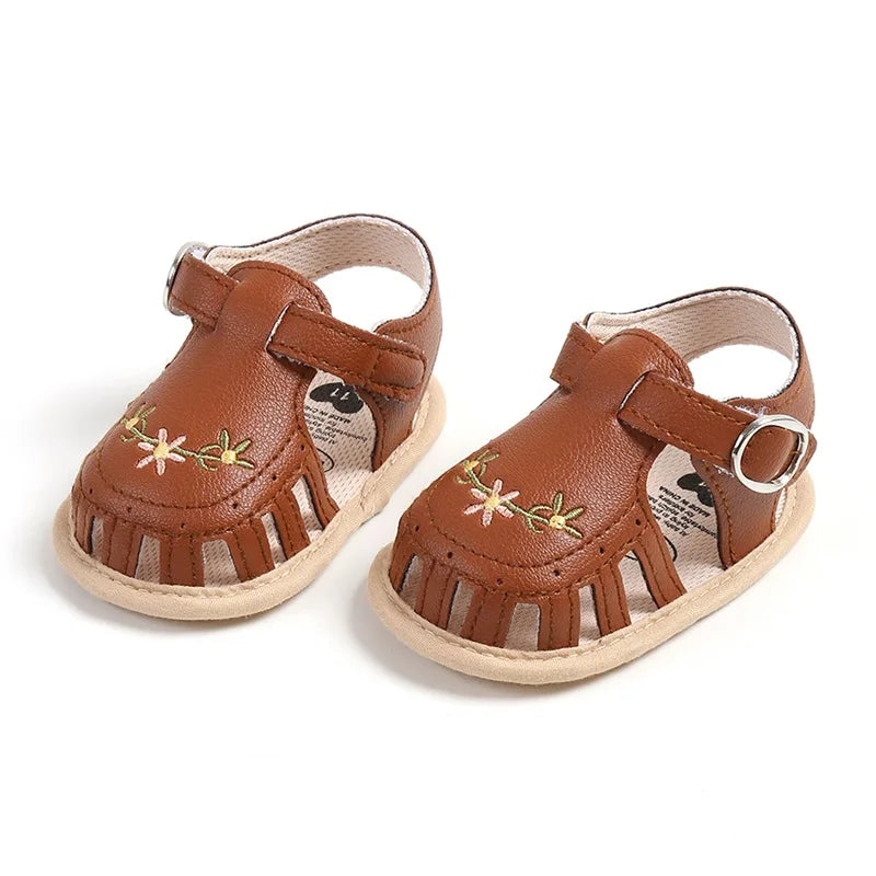 Newborn Baby Sandals PU Leather Non-slip Flower Embroidery Summer Flats Shoes