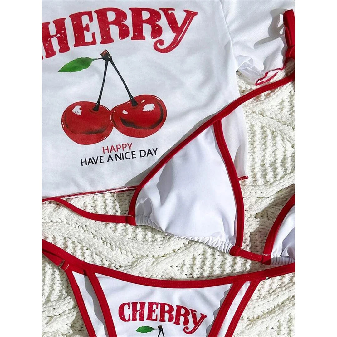 Women's Cherry Printed Short Sleeve Bikini Swimsuit Swimwear Three-pieces Bikini Set