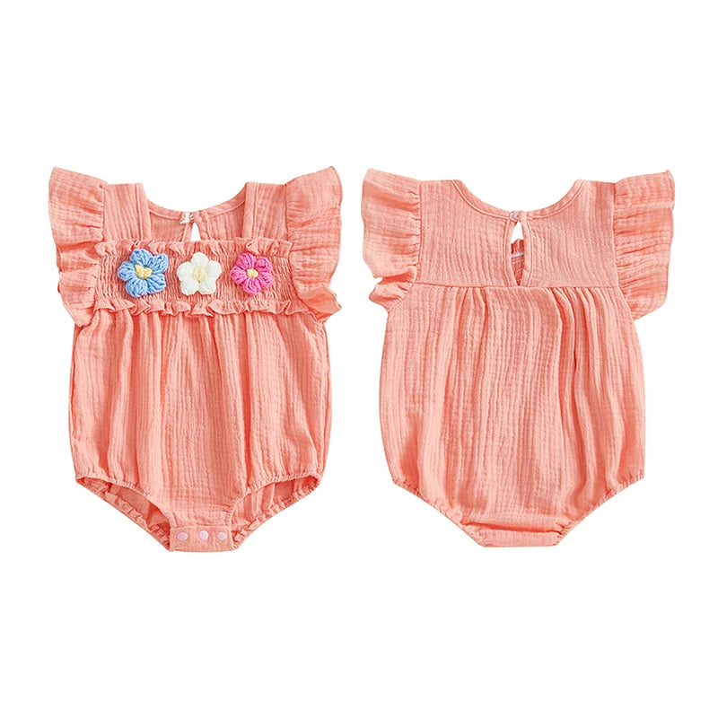 Newborn Baby Girls Flower Embroidery Romper - Smocked Flying Sleeve Jumpsuit (0-12M)