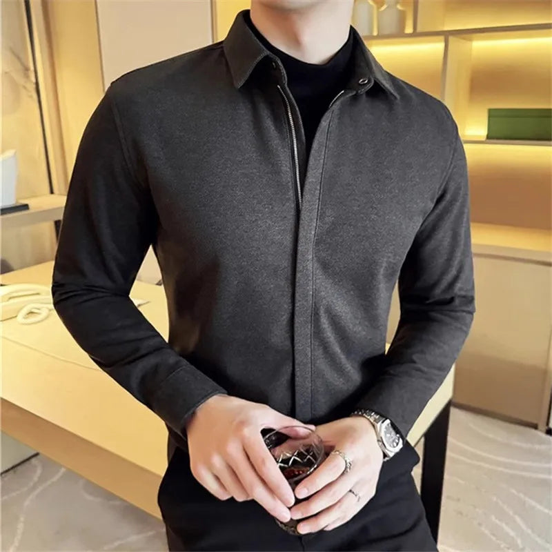 Men's Winter Thick Woolen Zipper Solid Color Turn Down Collar Warm Casual Shirt