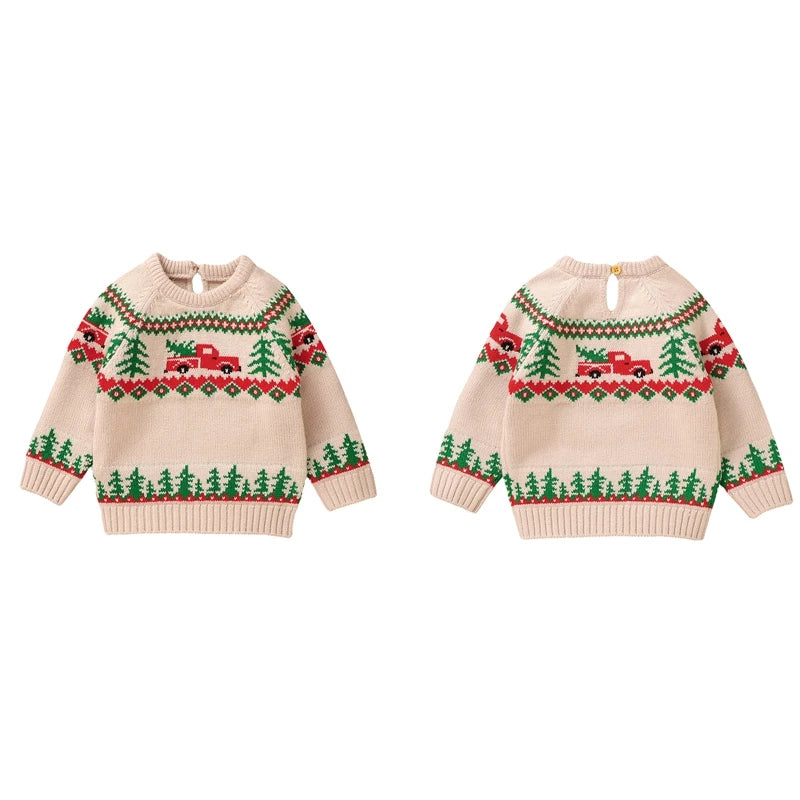 0-3Y Infant Baby Boys Christmas Sweaters Long Sleeve Round Neck Xmas Trees Embroidery Knit Pullovers Jumper Top