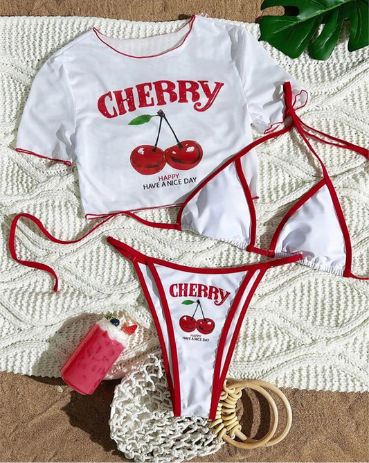Women's Cherry Printed Short Sleeve Bikini Swimsuit Swimwear Three-pieces Bikini Set