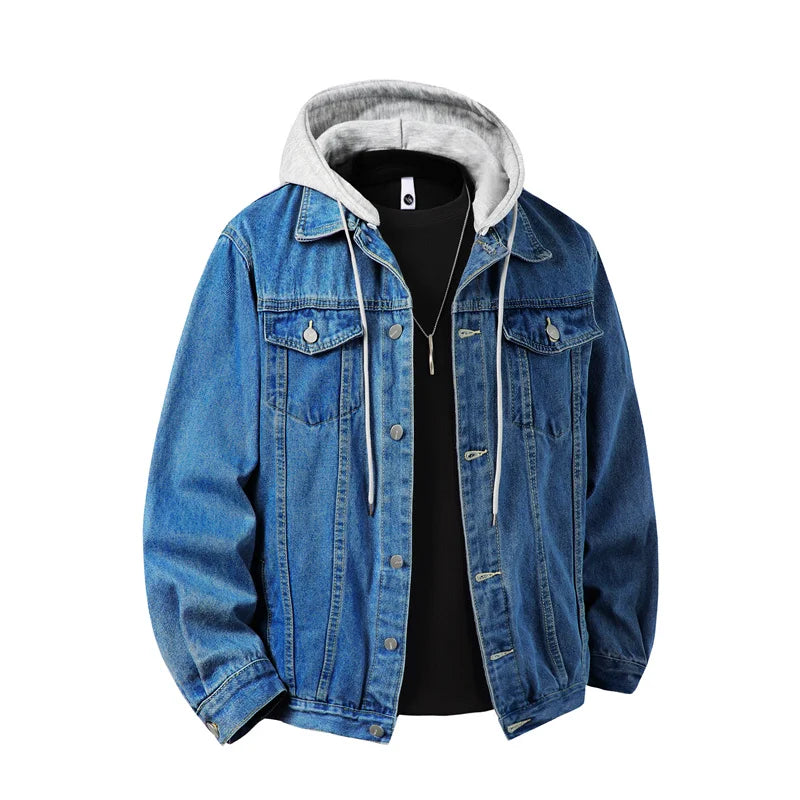 Men's Hooded Denim Jacket - Casual Streetwear Outerwear with Detachable Hood