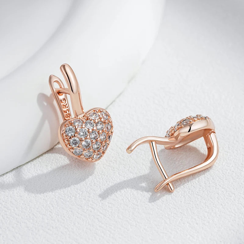 Women Shiny Natural Zircon 585 Rose Gold Colour Heart Earrings