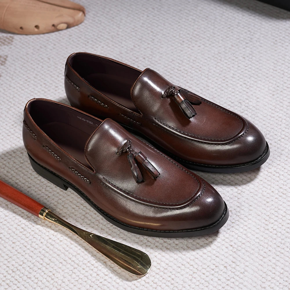 Classic Men's Tassel Loafers Genuine Leather Handmade Slip on Comfortable Office Wedding Shoes
