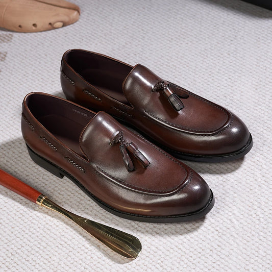 Classic Men's Tassel Loafers Genuine Leather Handmade Slip on Comfortable Office Wedding Shoes