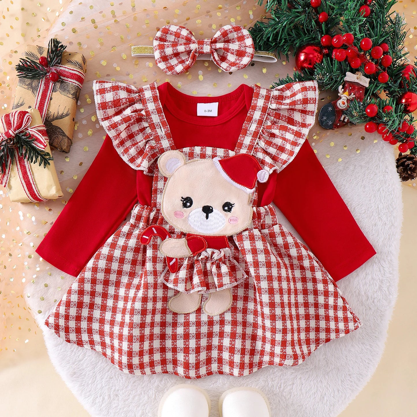 0-18M  Baby Girls Christmas Clothes Sets - Romper Cartoon Doll Embroidery Suspender Skirt Headband