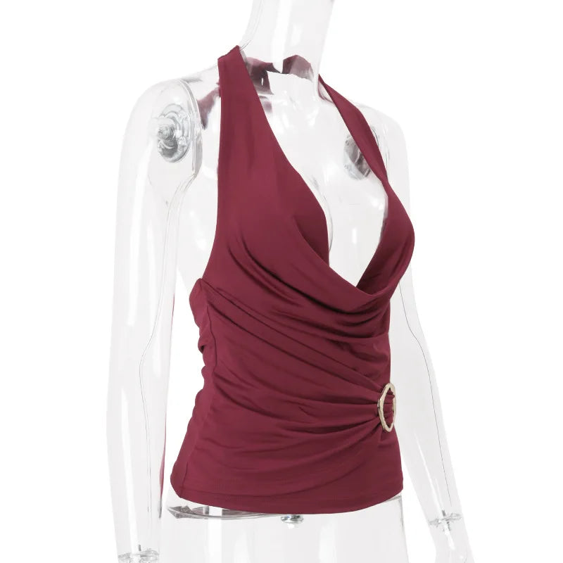 Women's Embellished Ruched Draped Halter Top - Deep V-Neck Cropped Club Top
