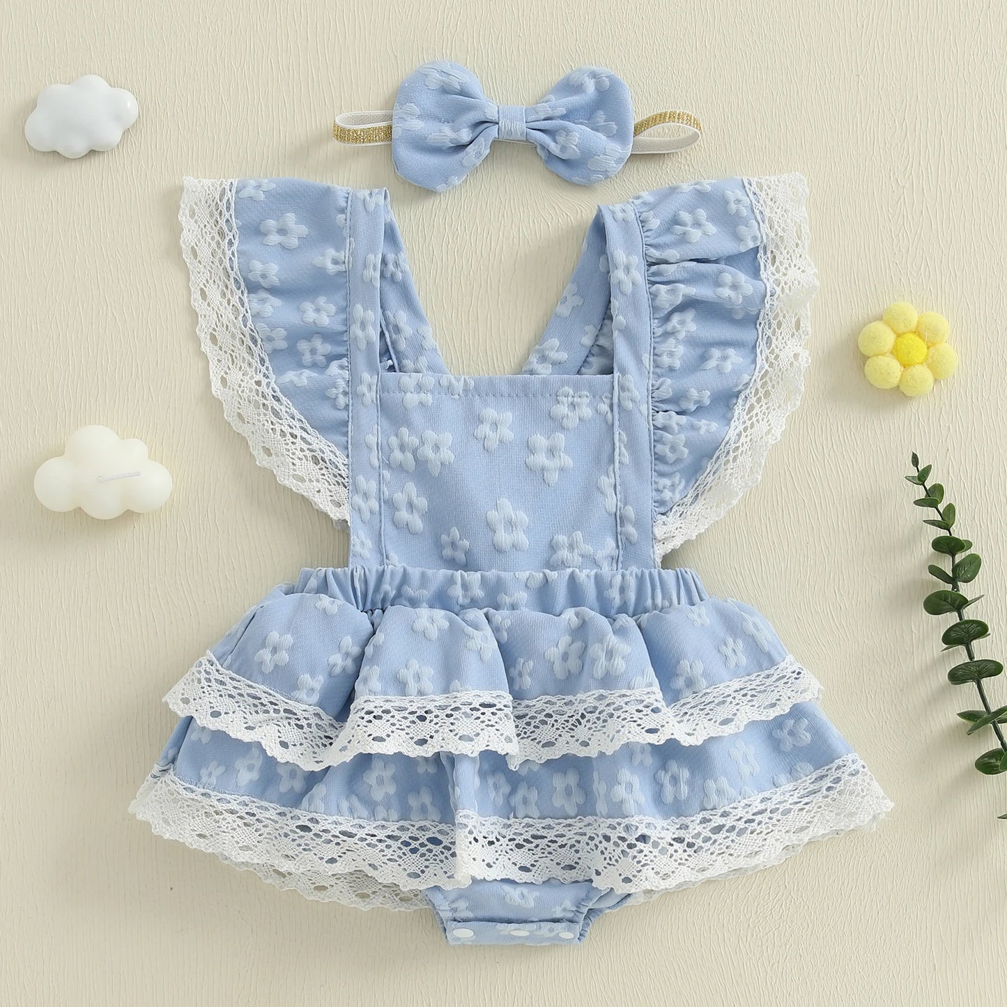 Baby Girls Summer Romper Dress - Flying Sleeve Square Neck Floral Print with Bow Headband (0-18M)