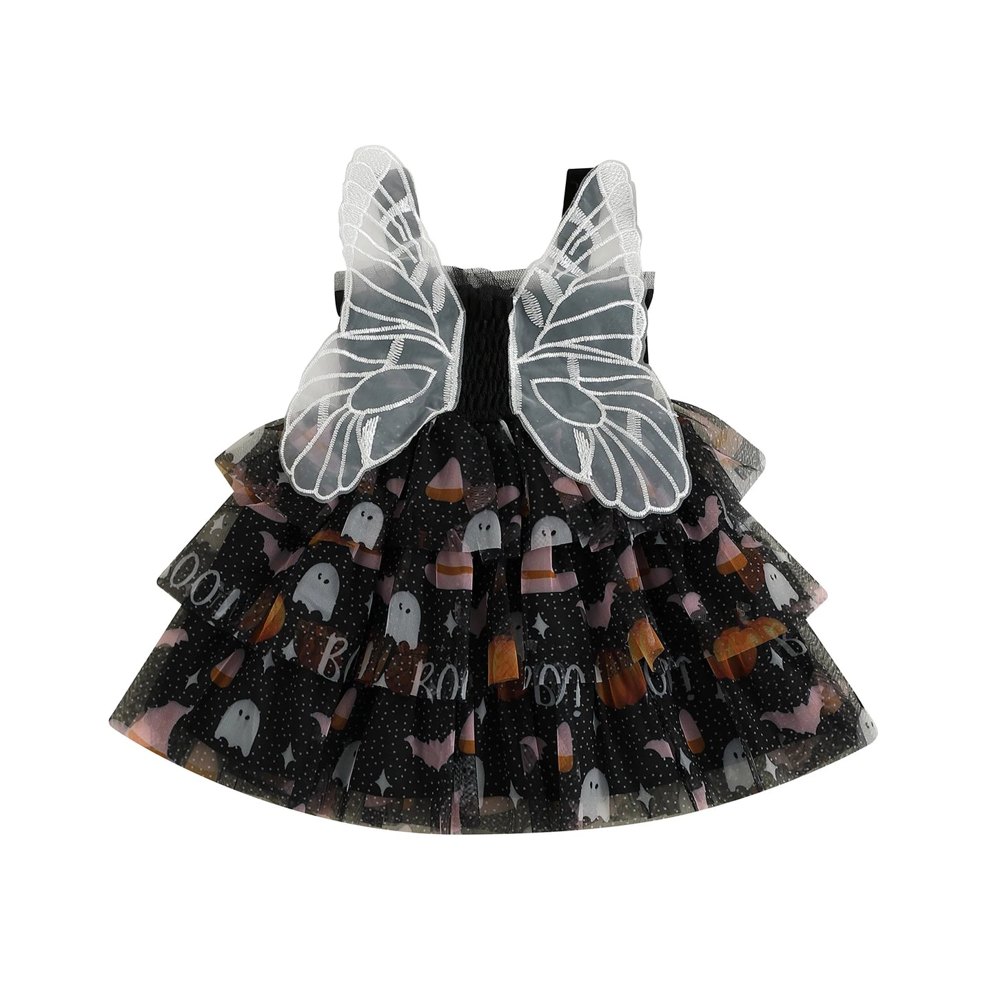 Baby Girls Halloween Dress with Butterfly Wings - Ghost Print Tulle Dress