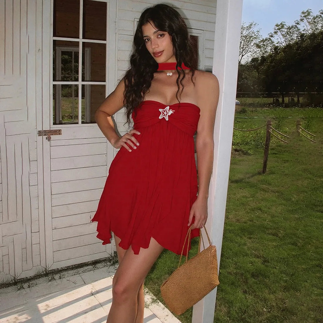 Women's Summer Halter Floral Mesh Mini Dress - Strapless Backless Holiday Dress