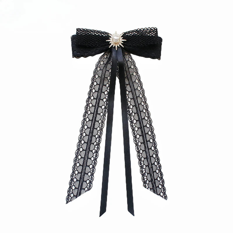 Black Fabric Bow Brooch - College Style Crystal Collar Pin