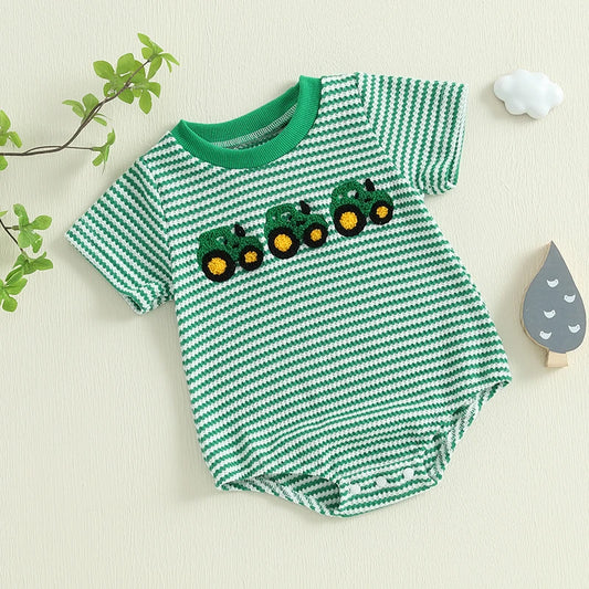 Baby Waffle Truck Embroidery Romper - Stripe Print Summer Jumpsuit (0-18M)
