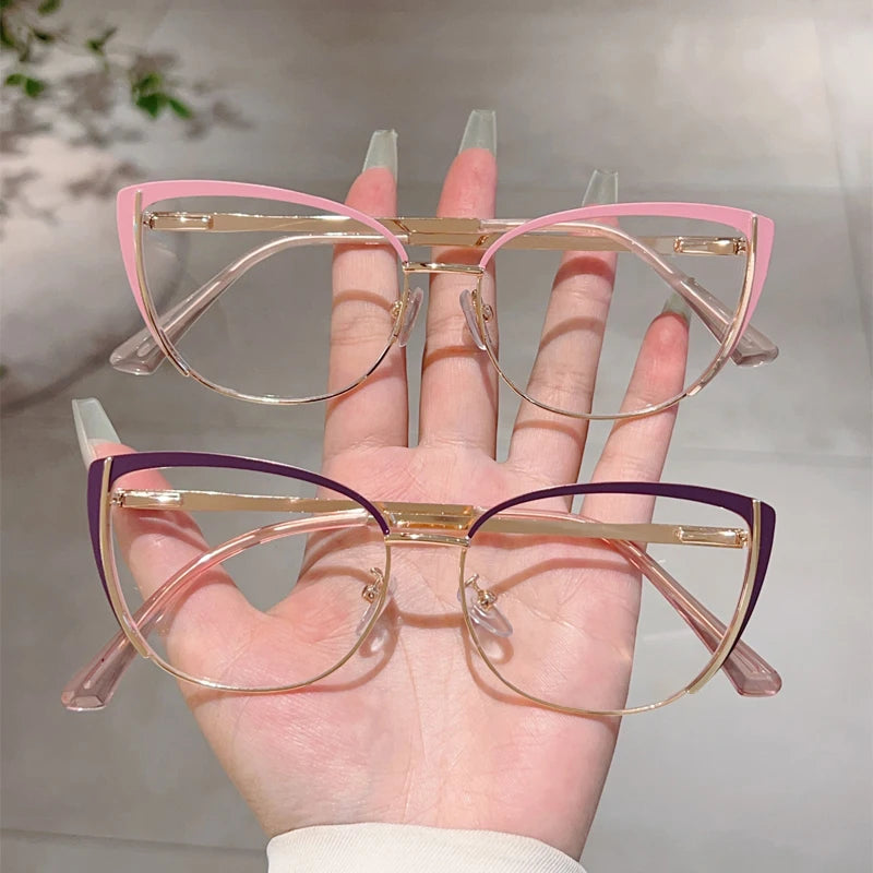 Trendy Retro Cat Eye Glasses - Women's Korean Style Semi-Rimless Pink Eyewear
