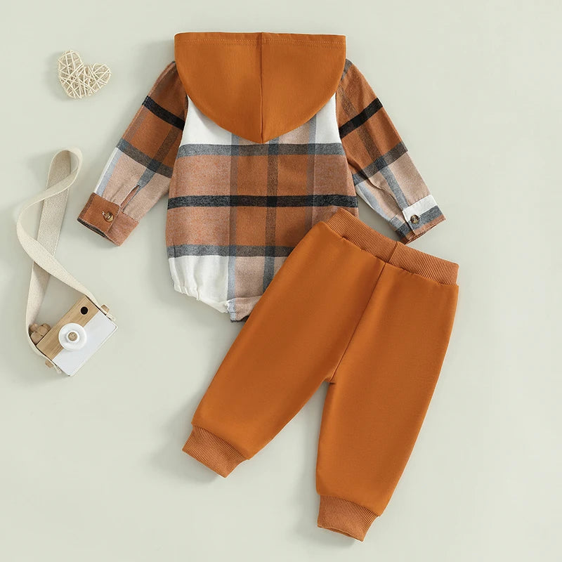 0-24M Baby Boys 2-Piece Clothing Set - Long Sleeve Plaid Hooded Romper with Pants
