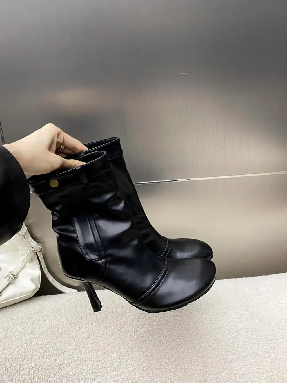 Round Toe Ankle Boots - Metal Button Detail with Side Zipper