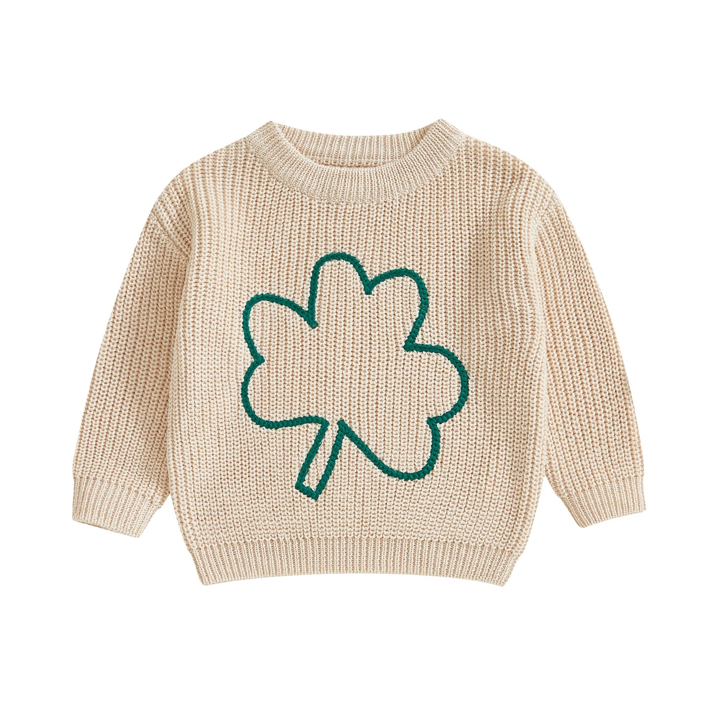 0-4Y  Kids Boys Girls Spring Sweater Clover Embroidery  Long Sleeve Crew Neck Pullover Knitwear