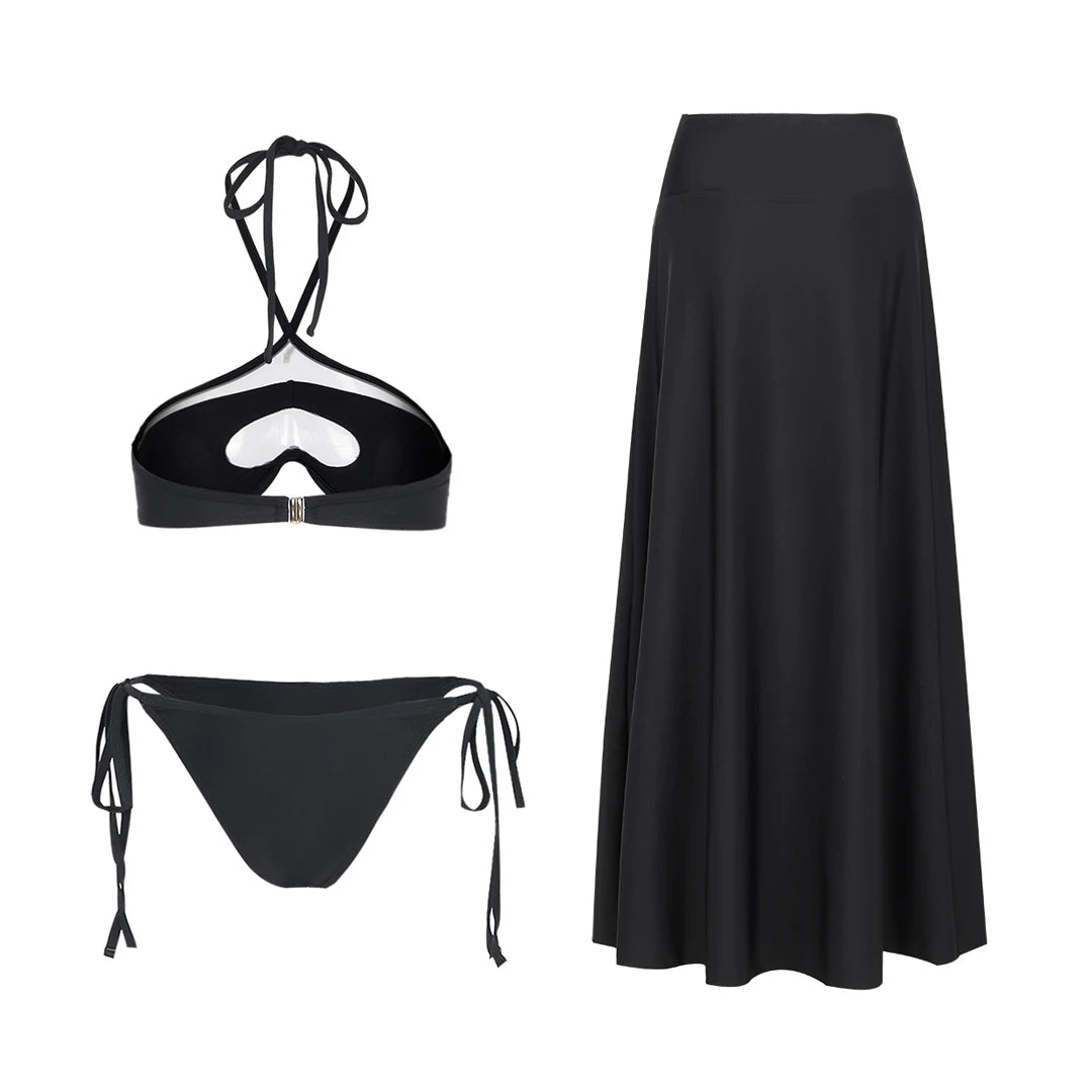 Women's 3-Piece Solid Bikini Set - Padded Bra, Tassel High Waist & Beach Skirt