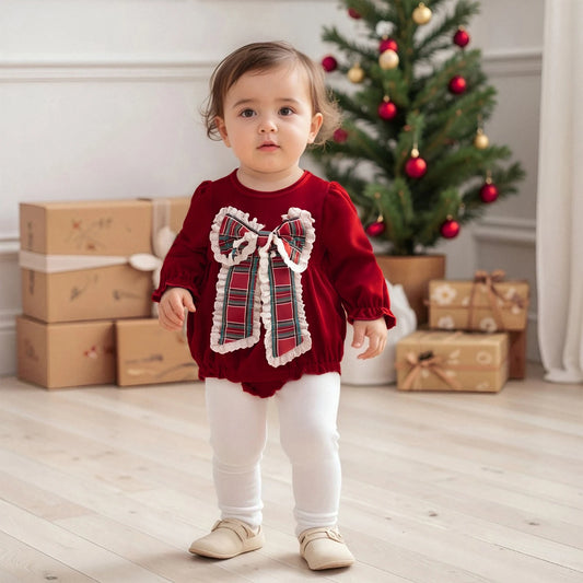 Lovely Baby Velvet Christmas Romper with Plaid Bow (0-18M)