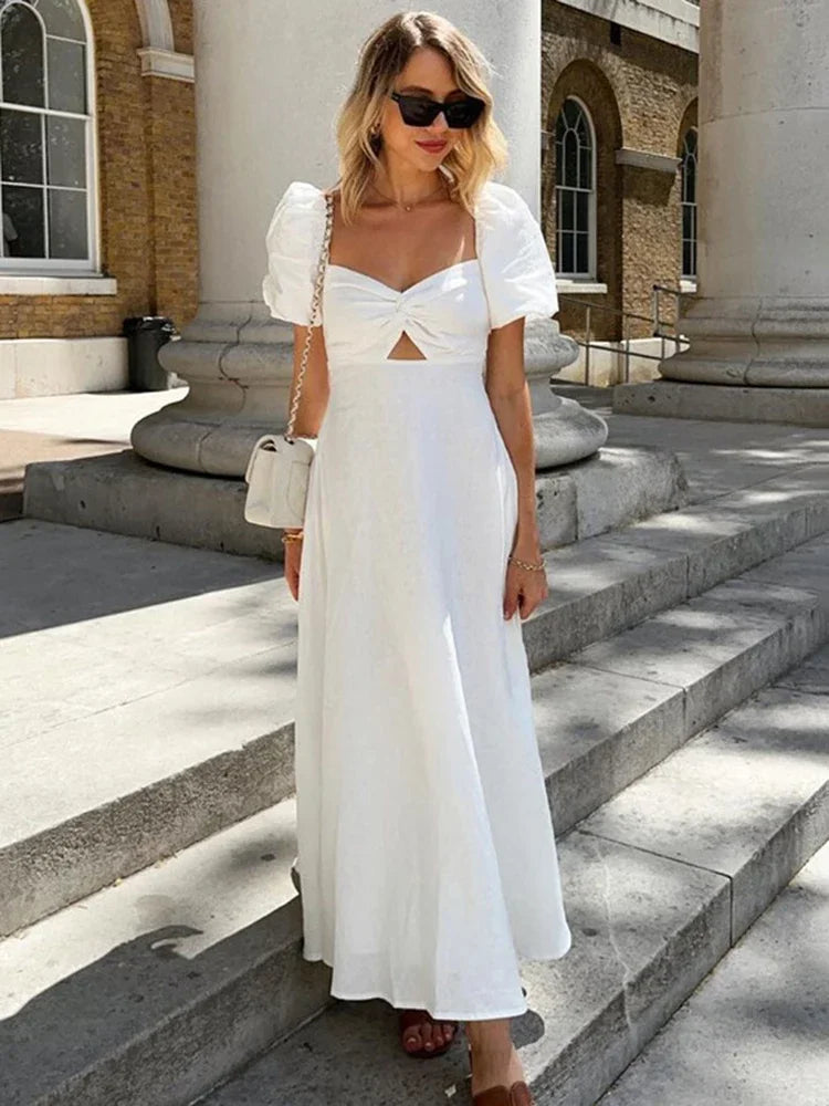 Women's Square Collar Puff Sleeve Long Slim A-Line Twist Hollow Out Cotton Elegant Dress