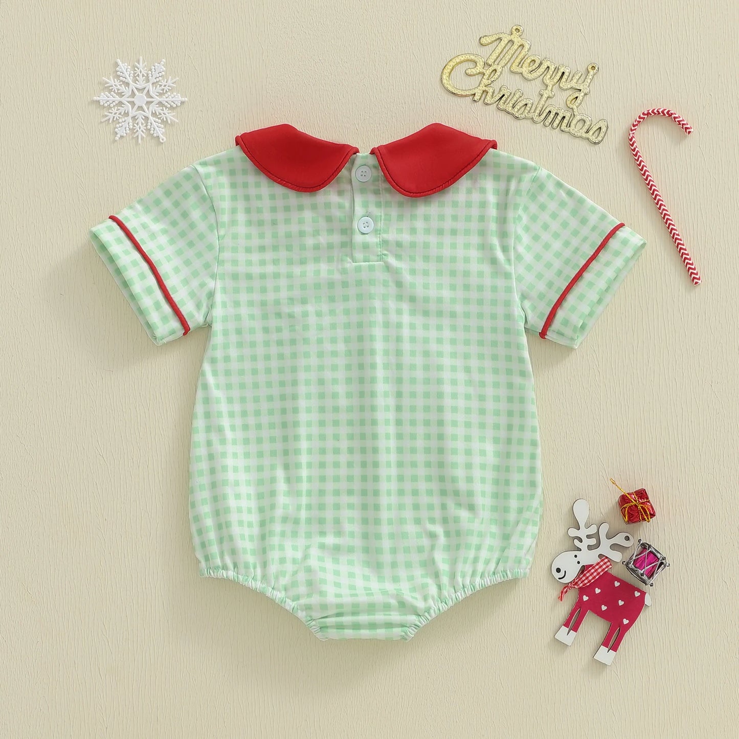 Baby Girls Plaid Romper - Wreath Embroidery Short Sleeve Doll Collar Bubble Jumpsuit