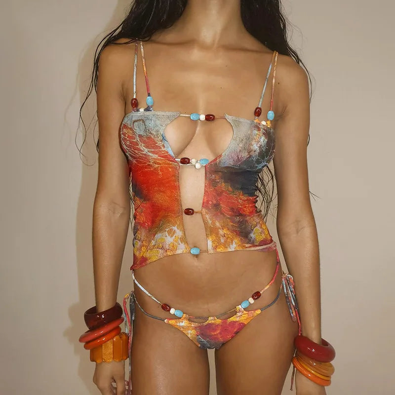3 Piece Beachwear Bikini Set with Lace Up Skirt - Summer Co-ord Outfit