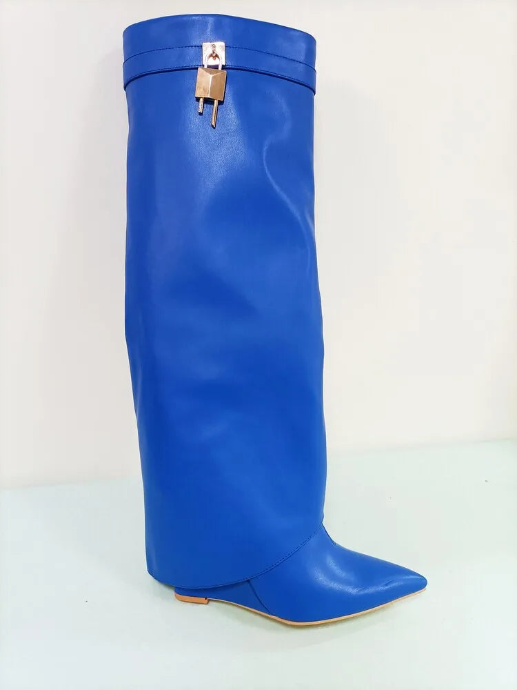 Women's Wedge Leather Mid-Calf Boots - 10cm Heel Metal Buckle Boots