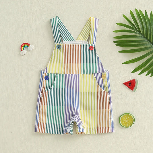 0-4Y Toddler Kids Boys Girls Overalls Shorts Loose Fit Striped Print Contrast Infant Jumpsuit