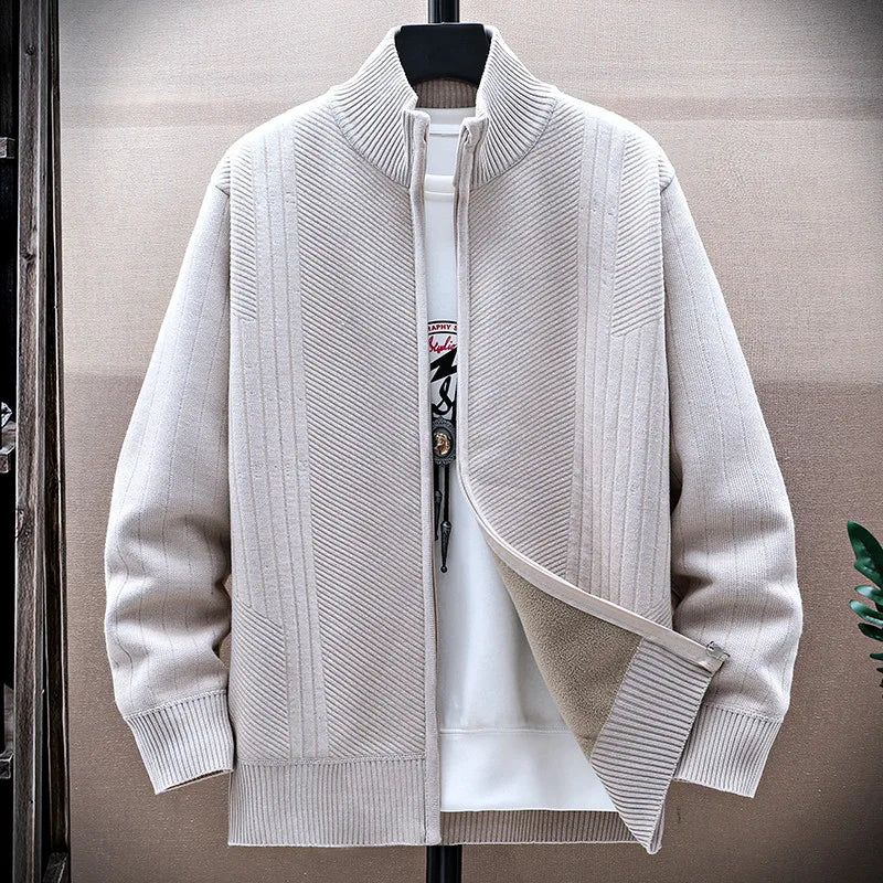Stand Collar Fleece Knit Cardigan - Thick Sweater Jacket Outerwear
