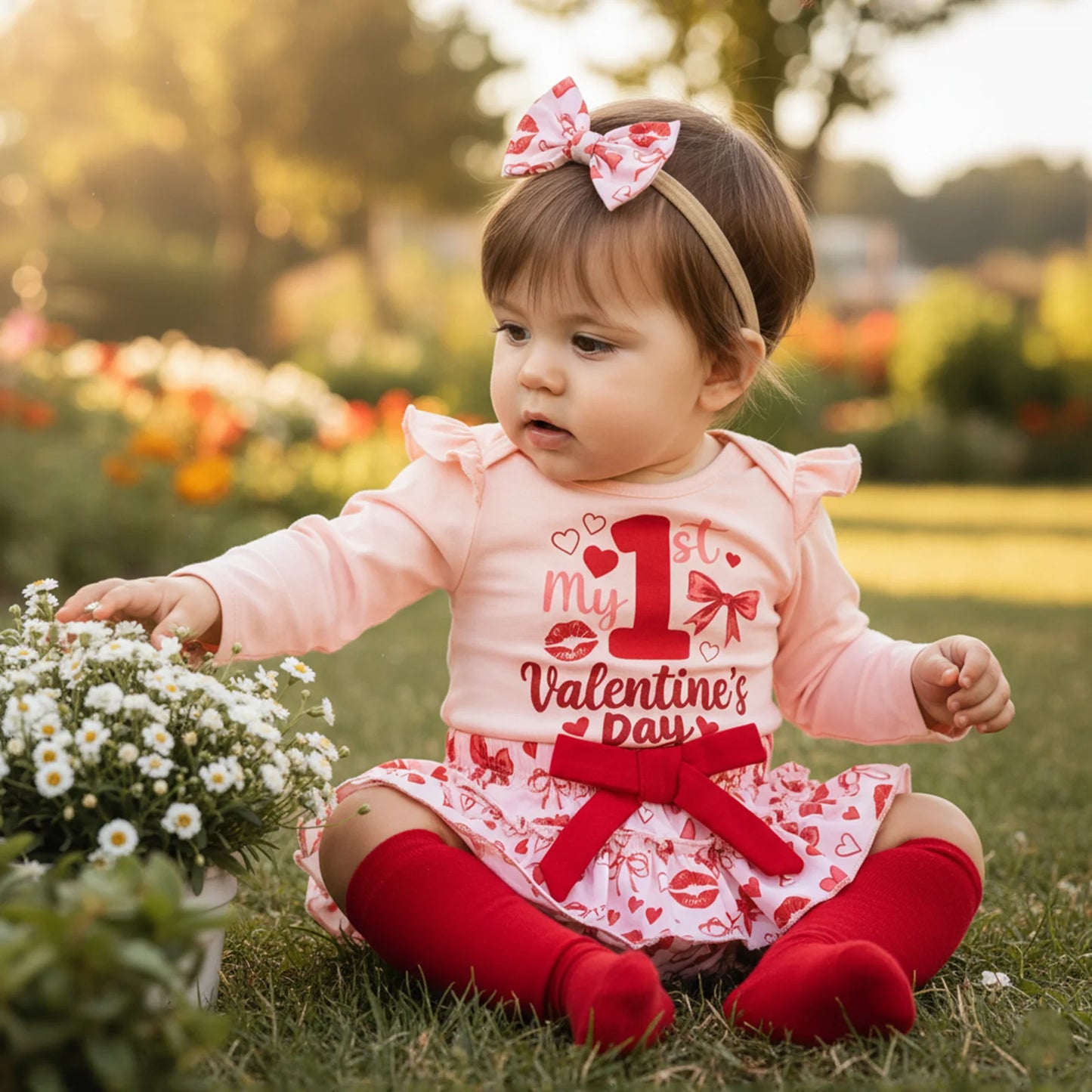 Baby Girls Valentine's Day 4-Piece Outfit Set - Romper, Skirt, Leg Warmers & Headband