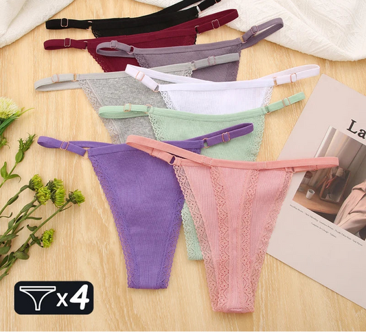 Women's Cotton Thongs 4-Piece Set - Adjustable Waistband Low-Rise Underwear