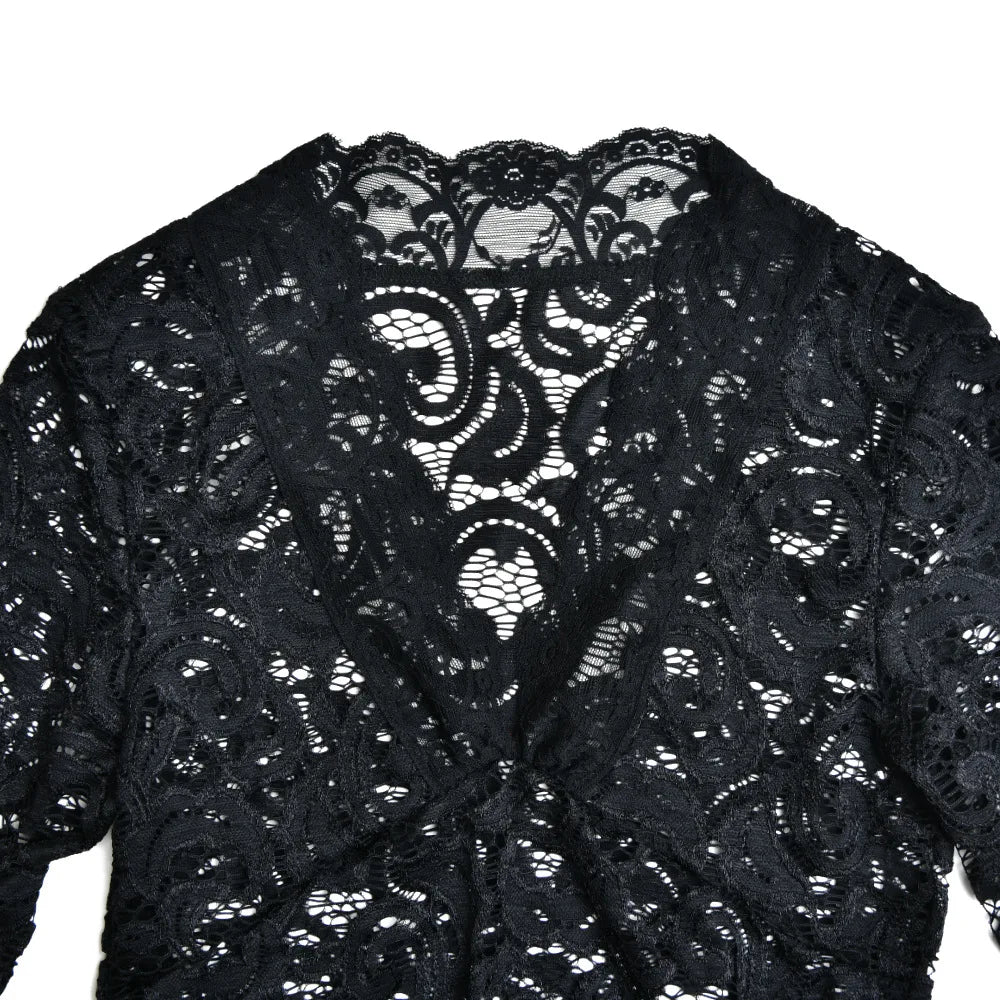 Women's Elegant  Lace See Through Deep V Neck  Spring Summer Flare Sleeve Top