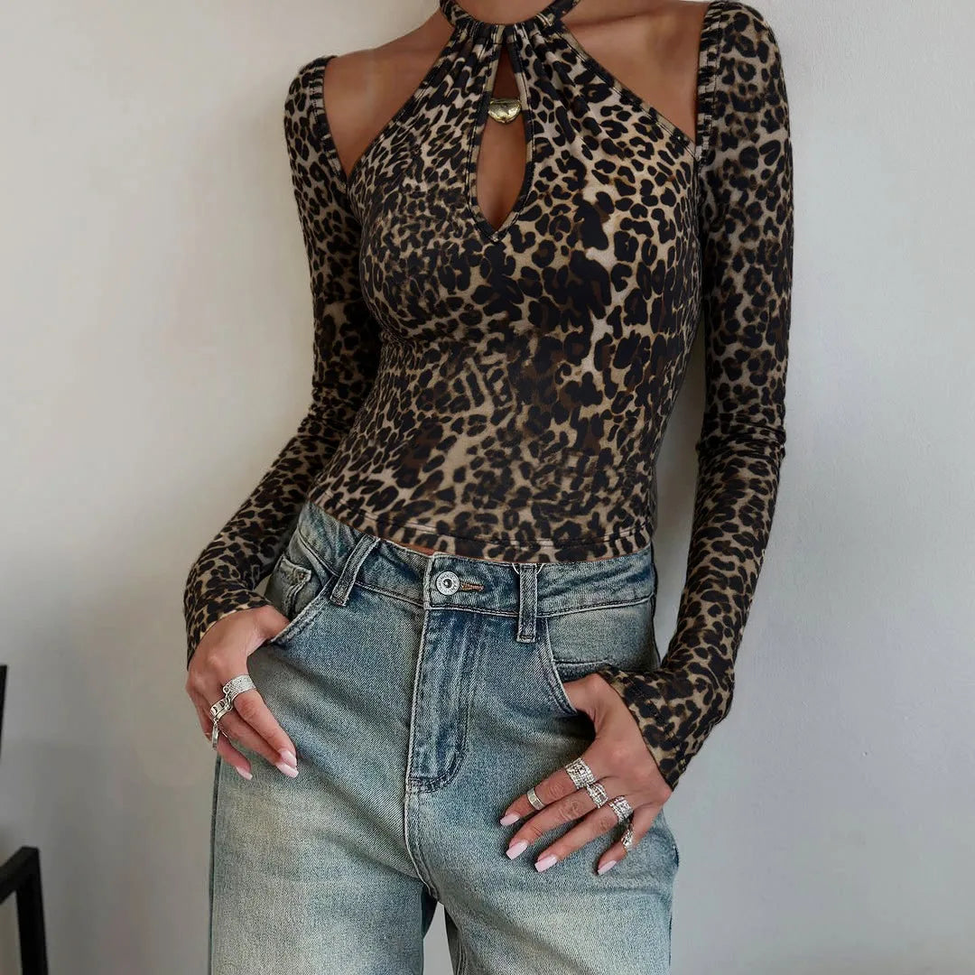 Women's Halter Lace Up Leopard Print Top - Long Sleeve Cut Out Cropped Streetwear