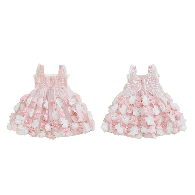 0-4Y Kids Girls Sleeveless Strap 3D Roses Lace Tulle Layered Dress with Wings