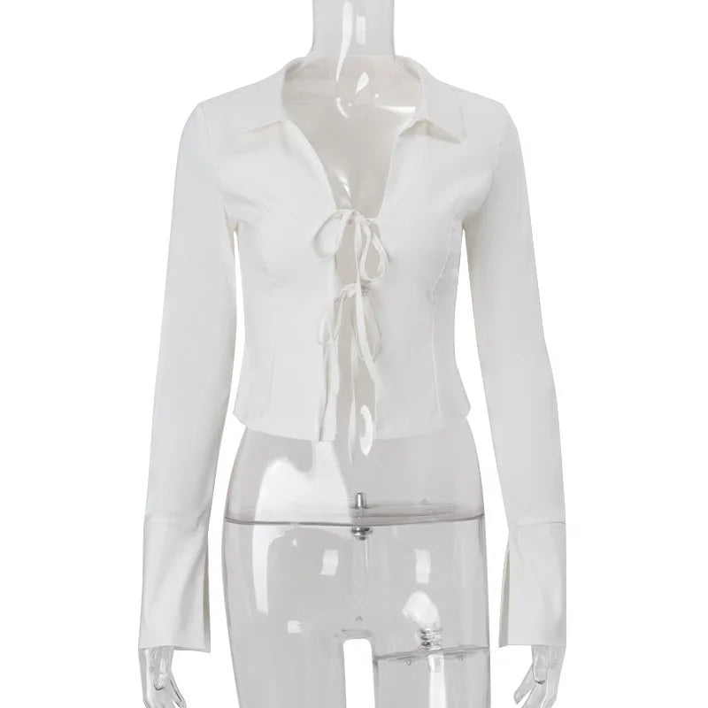 Women's Retro Y2K White Tie Front Cardigan - V Neck Long Sleeve Cropped Top