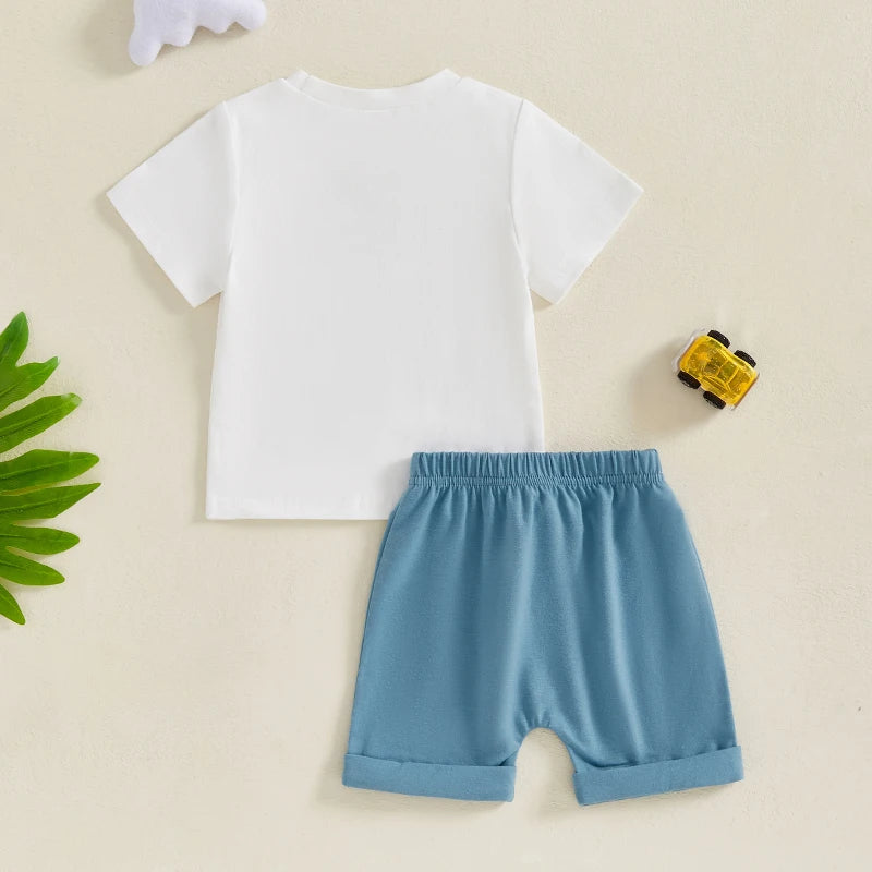 Baby Boys Summer Outfit Set - Cartoon Letter Print T-Shirt & Elastic Waist Shorts (0-3Y)