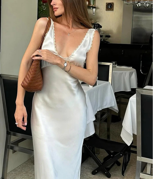 Women's Silky Draped Maxi Dress - Sleeveless V Neck Sun Dress