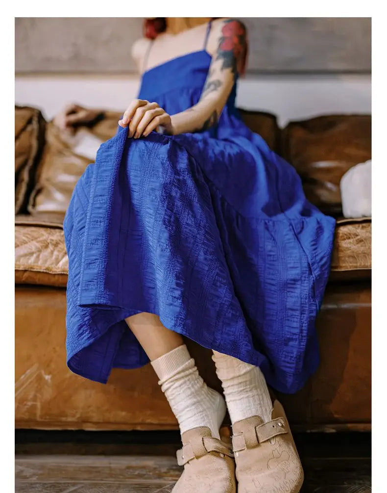 Women's Blue Seersucker Sleeveless A-Line Beach Dress - Summer Vacation Strappy Slip Dress