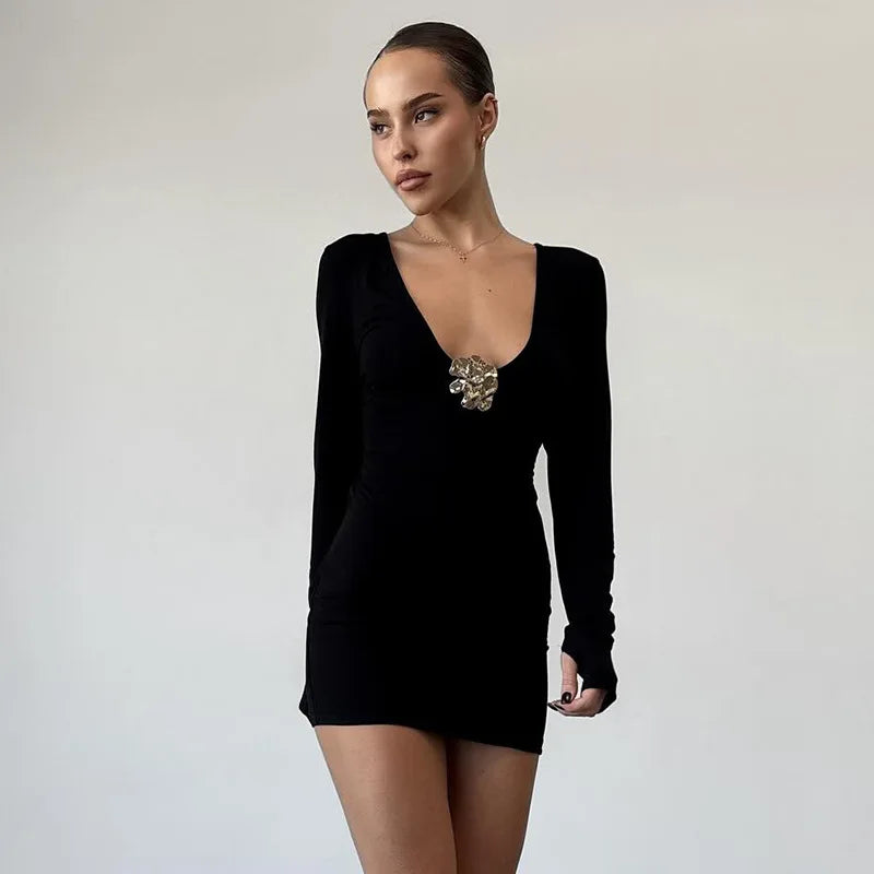 Women's Plunge Slim Metallic Long Sleeve Mini High Waist Elegant Dress