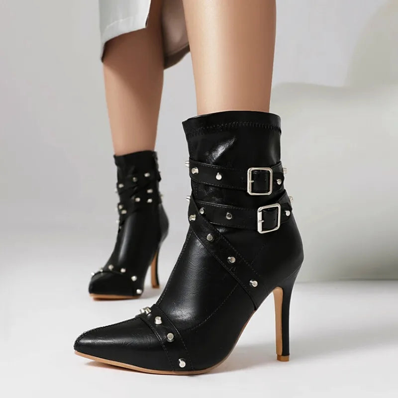 Women's Rivet Belt Buckle 10cm High Heel Short Pointed Side Zipper Leather Ankle Boots