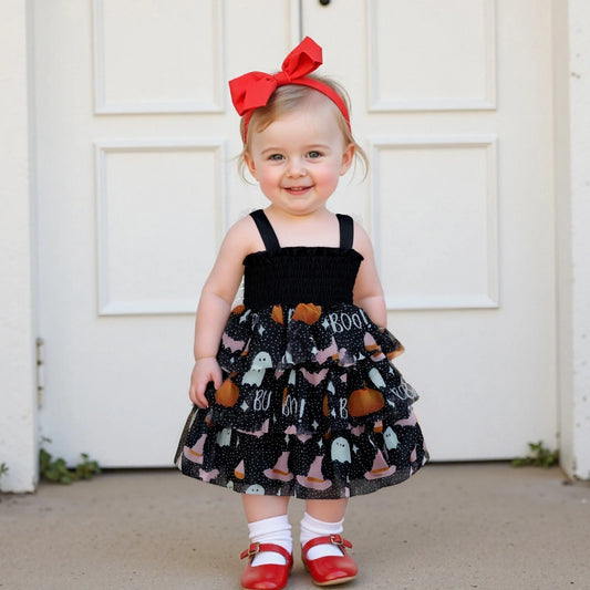 Baby Girls Halloween Dress with Butterfly Wings - Ghost Print Tulle Dress