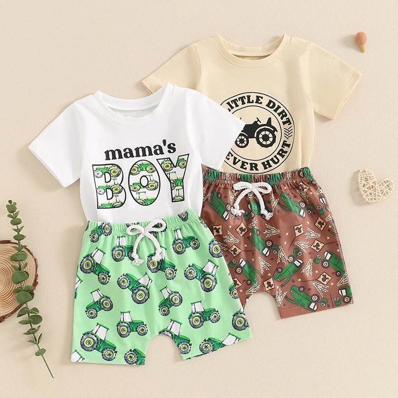 0-3Y Summer Casual Baby Boys Clothes Set 2pcs Short Sleeve Letters Print T-shirt with Tractor Shorts Outfit