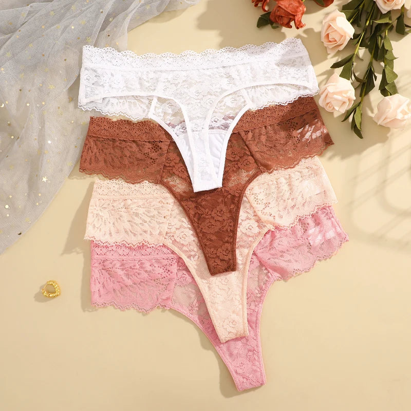 3Pcs Women's Lace Hollow Out Underwear Floral Print Panties Low-Waist Thong Breathable G-string Lingerie