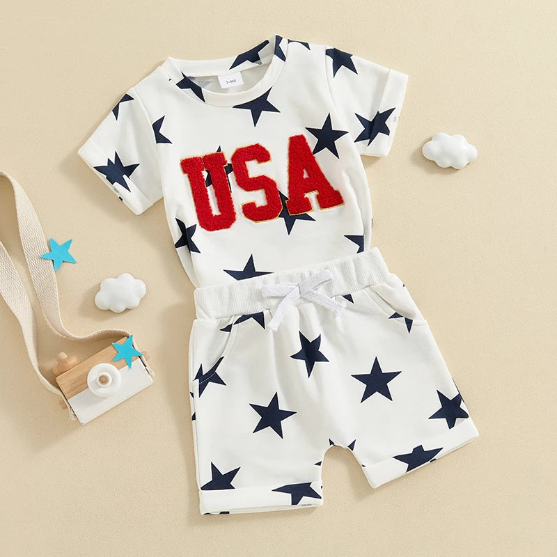 Summer Baby Boys  Short Sleeve USA Embroidery Letters T-shirt with Stars Print Shorts Outfit 3M-3 Years Old