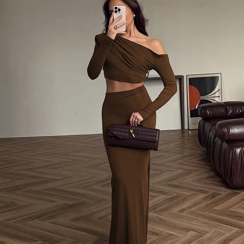 Women's Elegant Ruched 2 Piece Dress Set - Asymmetrical Top & Maxi Skirt
